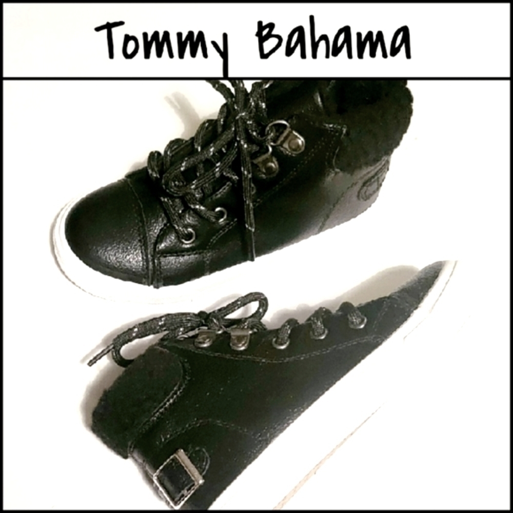 NEW! TOMMY BAHAMA Kids Mettalic Black Vegan Leather Faux Fur Sneaker Boot 6.